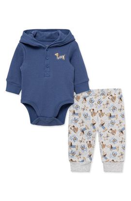 Little Me Little Me Puppy Waffle Hooded Bodysuit & Knit Pants Set