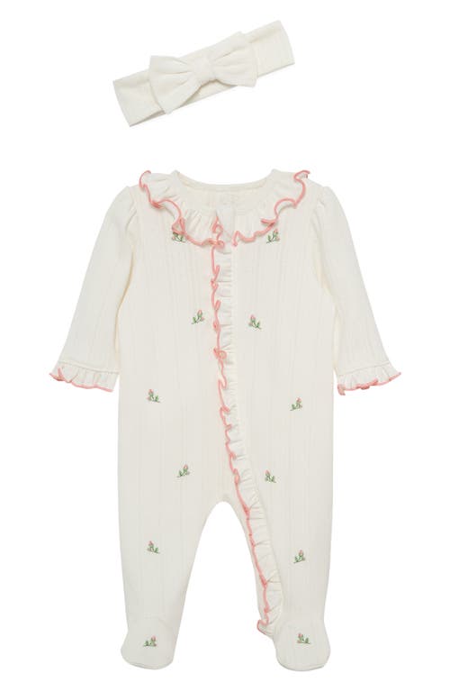 Little Me Little Me Rosebud Embroidered Pointelle Knit Cotton Ruffle Footie & Bow Head Wrap Set (Nordstrom Exclusive)