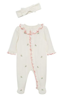 Little Me Little Me Rosebud Embroidered Pointelle Knit Cotton Ruffle Footie & Bow Head Wrap Set (Nordstrom Exclusive)