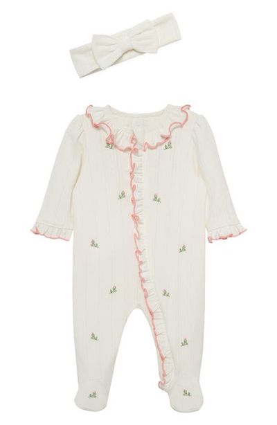 Little Me Little Me Rosebud Embroidered Pointelle Knit Cotton Ruffle Footie & Bow Head Wrap Set (Nordstrom Exclusive)