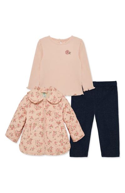 Little Me Little Me Set of 3 Pink Blossoms Rib Top, Knit Pants & Floral Quilted Jacket 