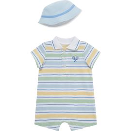 Little Me Little Me Stripe Cotton Polo Romper & Hat Set