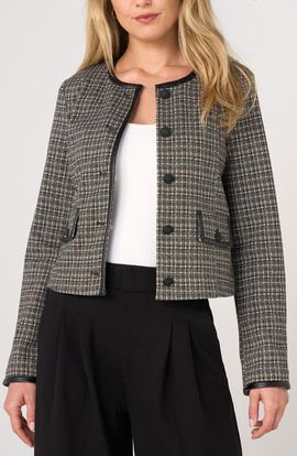 Liverpool Los Angeles Liverpool Los Angeles Check Collarless Jacket with Faux Leather Trim