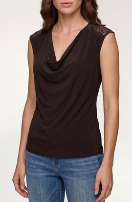 Liverpool Los Angeles Liverpool Los Angeles Draped Neck Sleeveless Top with Lace Trim