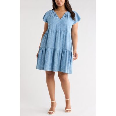 Liverpool Los Angeles Liverpool Los Angeles Tiered Floral Flutter Sleeve Denim Dress