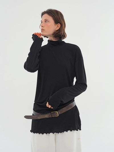 LLLDESIGNSTUDIO WOOL TENCEL TURTLENECK LONG T-SHIRT_DEEP BLACK