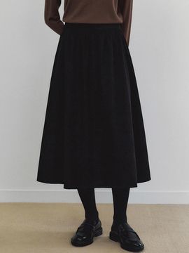 LOEIL Blend Corduroy Flared Long Skirt - Black