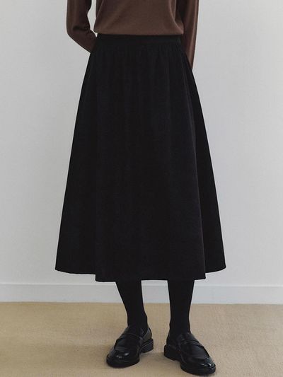 LOEIL Blend Corduroy Flared Long Skirt - Black