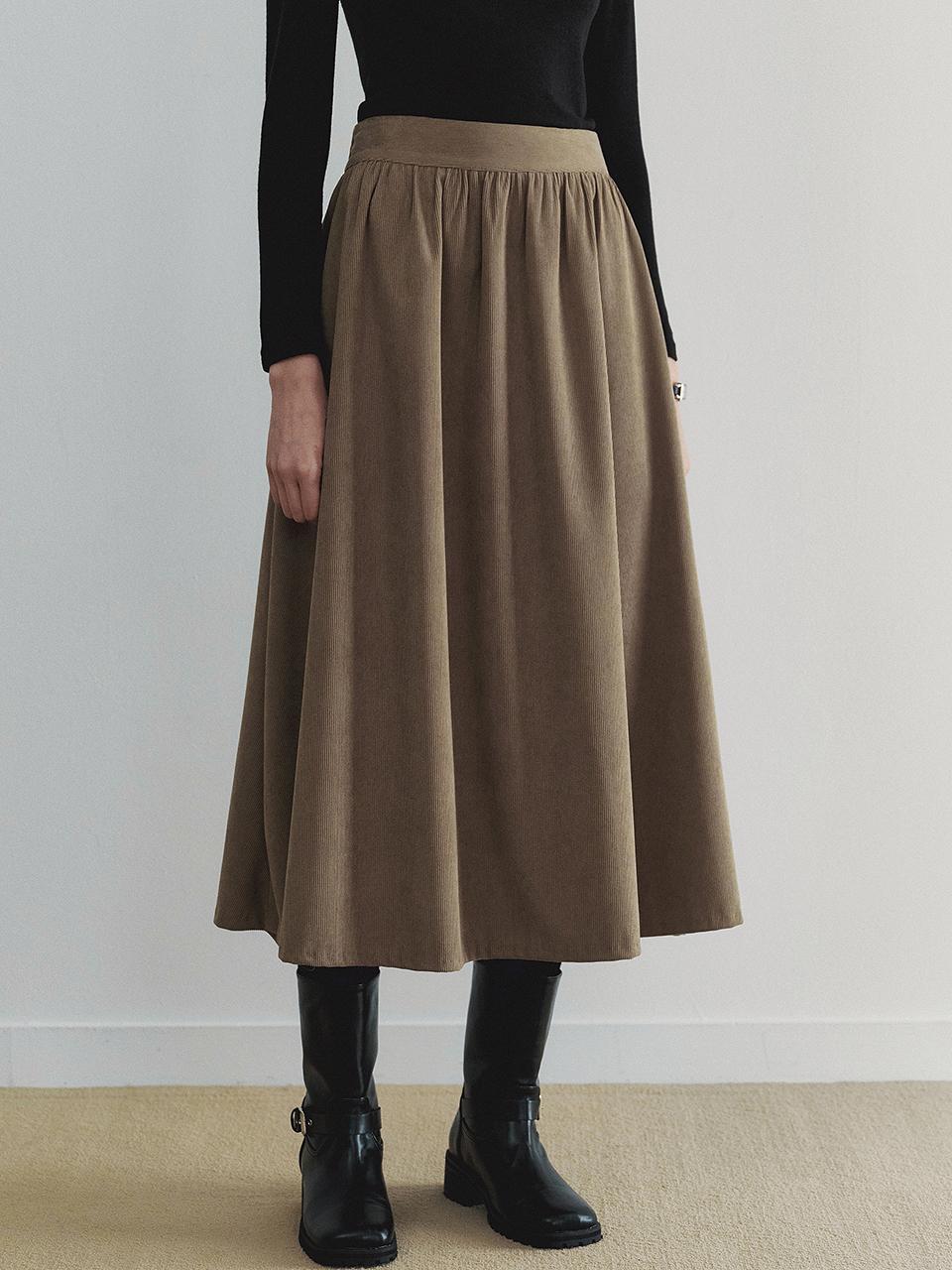 LOEIL Blend Corduroy Flared Long Skirt - Khaki Beige