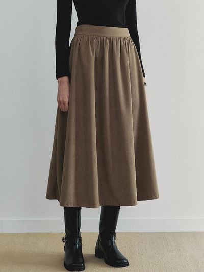 LOEIL Blend Corduroy Flared Long Skirt - Khaki Beige