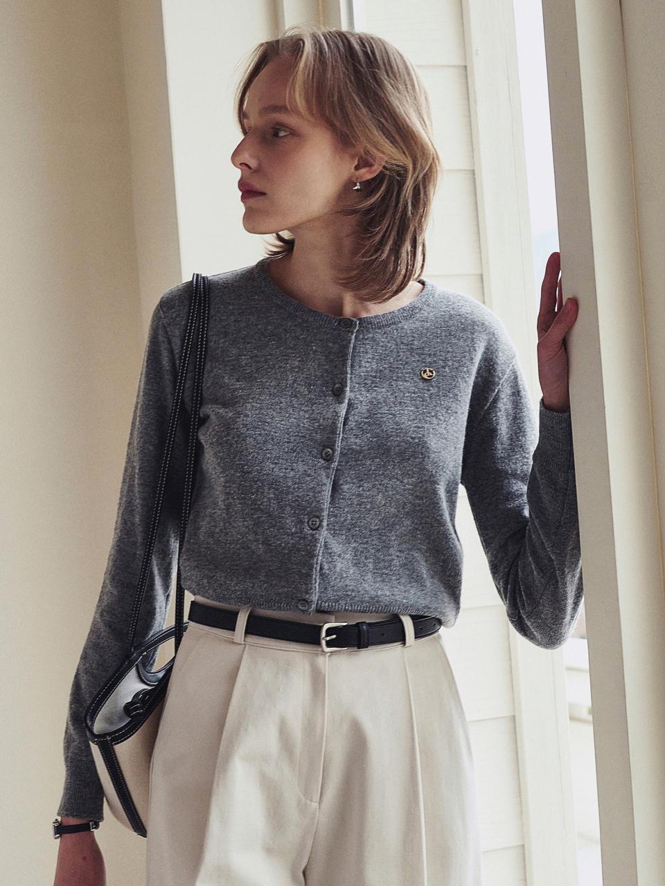 LOEIL Blend Round Knit Cardigan - Melange Gray
