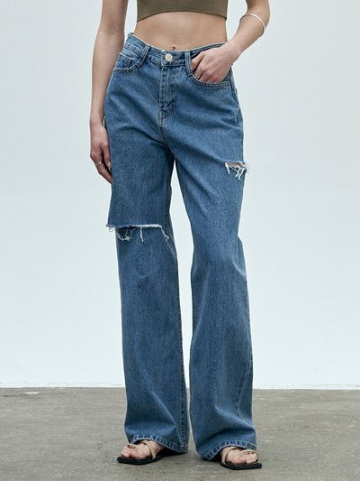 LOEIL Double Cutting Wide Denim Pants