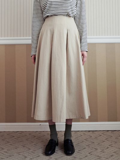 LOEIL Flare Cotton Midi Skirt _ Beige