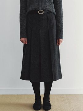 LOEIL Herringbone wool pleats midi skirt - Charcoal