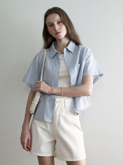 LOEIL Pure Stripe Crop Shirt - Sky Blue