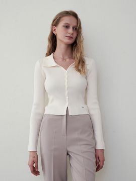 LOEIL Ribbed Collar Slim Cardigan _ Cream