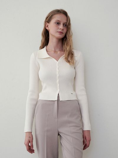 LOEIL Ribbed Collar Slim Cardigan _ Cream