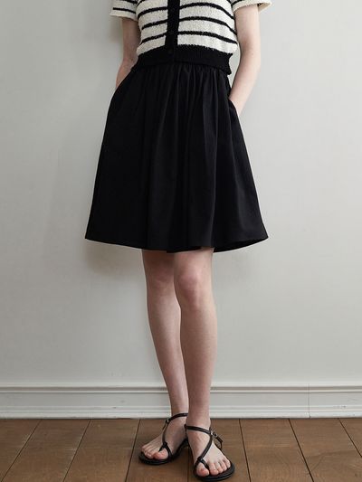 LOEIL Shirring Flared Half-line Skirt_Black