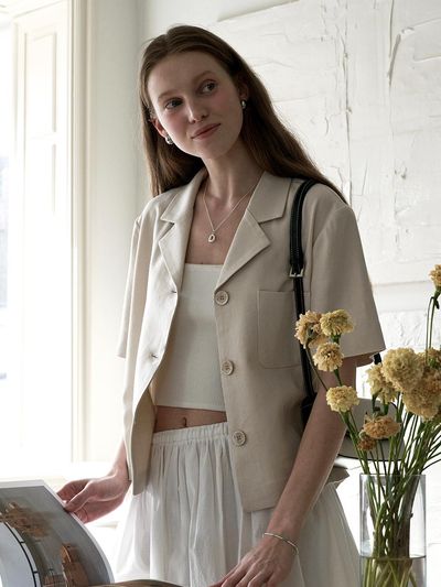 LOEIL Wearable Linen Short Sleeve Jacket - Beige