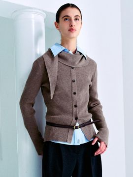 LOEUVRE Asymmetrical Neck Muffler Ribbed Knit Pullover - 2