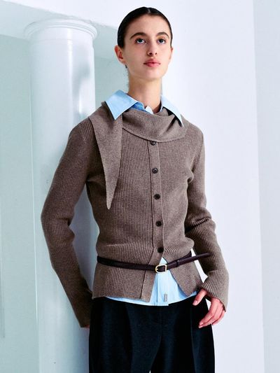 LOEUVRE Asymmetrical Neck Muffler Ribbed Knit Pullover - 2