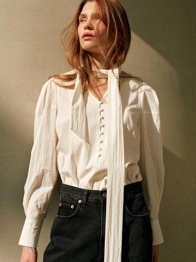 LOEUVRE Tie Puff Sleeve Blouse