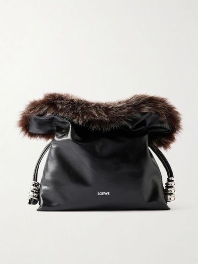 LOEWE Flamenco medium shearling-trimmed leather clutch