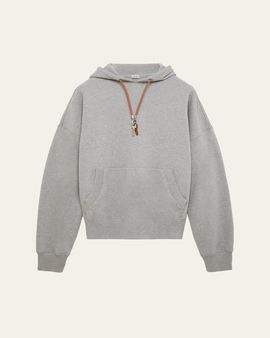 LOEWE Men's Relaxed Fit Fleece Leather-Drawstring Hoodie