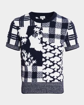 LOEWE Patchwork Wool Knit Short-Sleeve Sweater