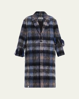 Loewe Single-Breasted Plaid Wool Fringe Long Coat