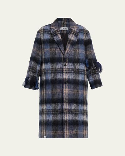 Loewe Single-Breasted Plaid Wool Fringe Long Coat