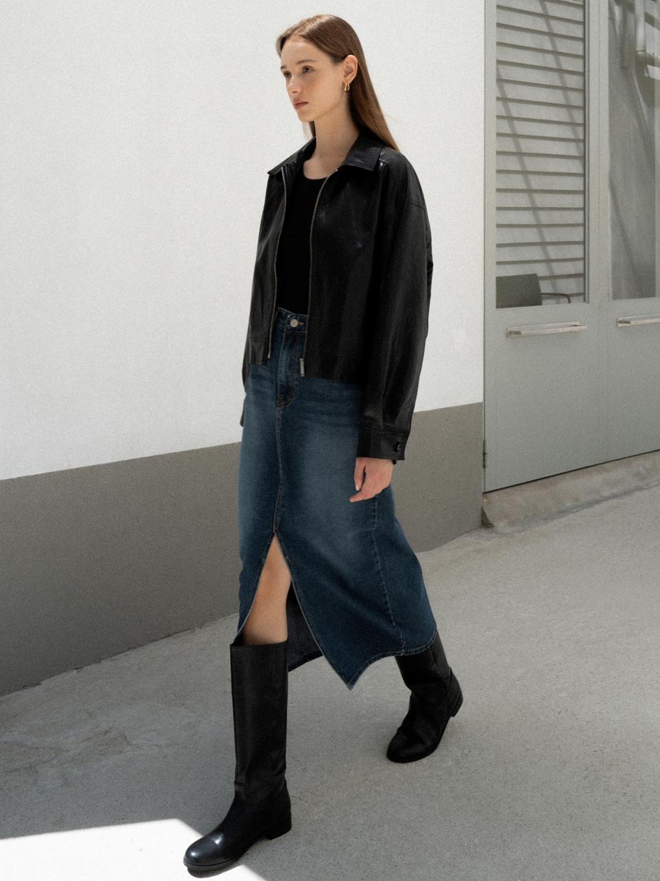 L’oiE Back Banded Over Fake Leather Short Jacket Black