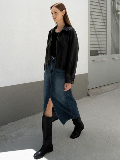 L’oiE Back Banded Over Fake Leather Short Jacket Black