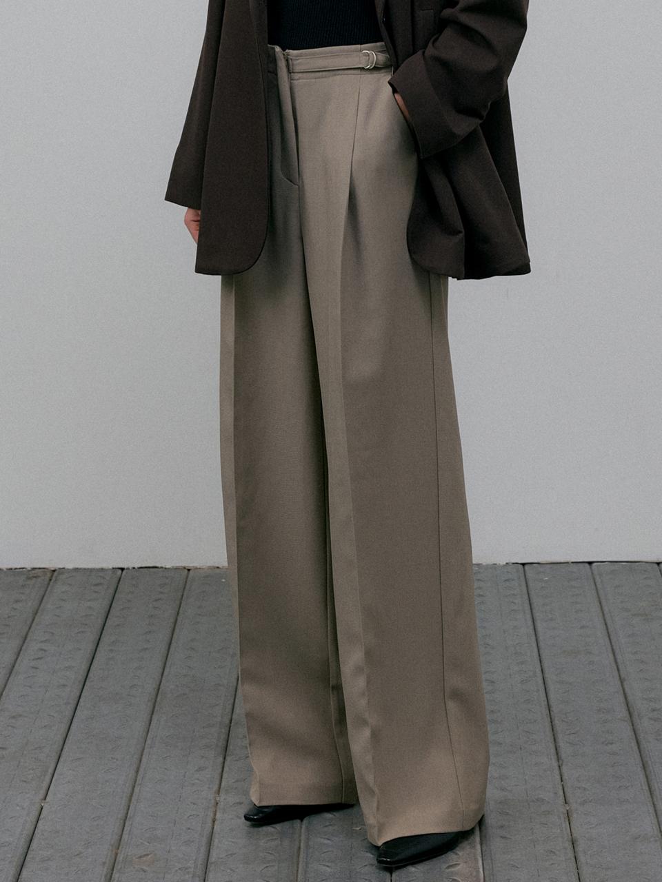 L’oiE Belted Wide Straight Spandex Long Slacks Beige L09