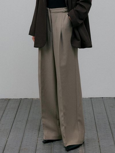 L’oiE Belted Wide Straight Spandex Long Slacks Beige L09