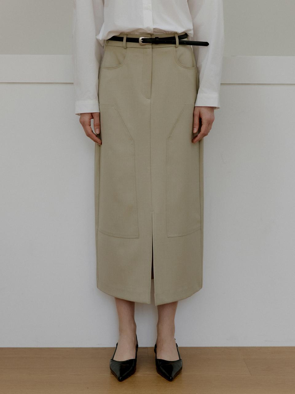 L’oiE H-line Elastic Banding Mid-length Skirt [Beige] (L156)