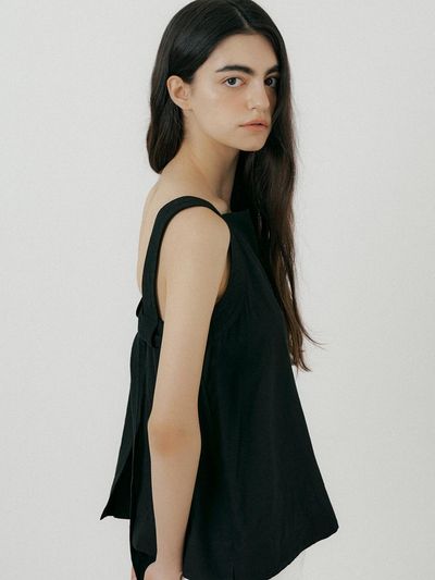 L’oiE Linen Back Stitch Tie Sleeveless Blouse_Black