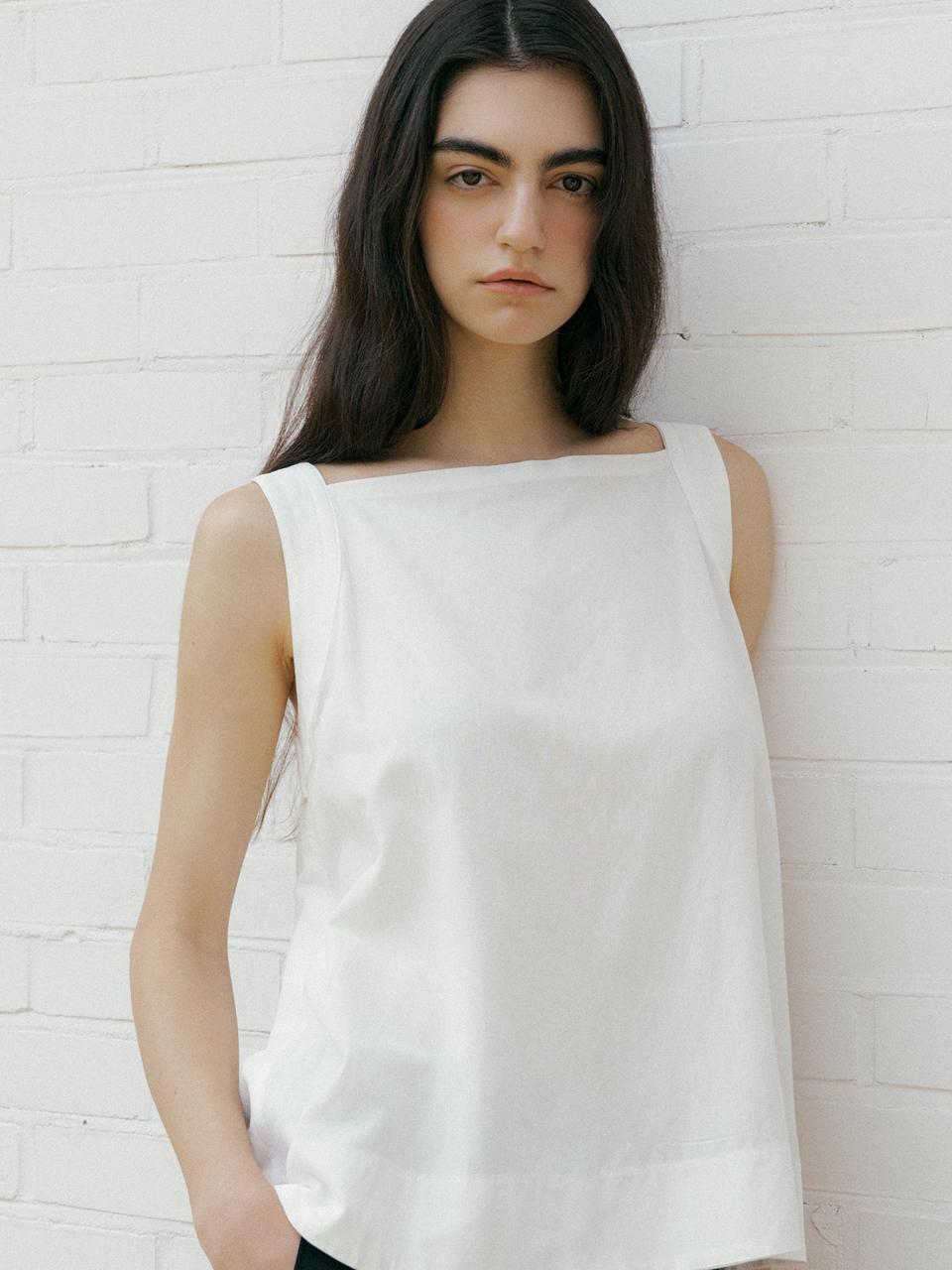 L’oiE Linen Back Stitch Tie Sleeveless Blouse_White