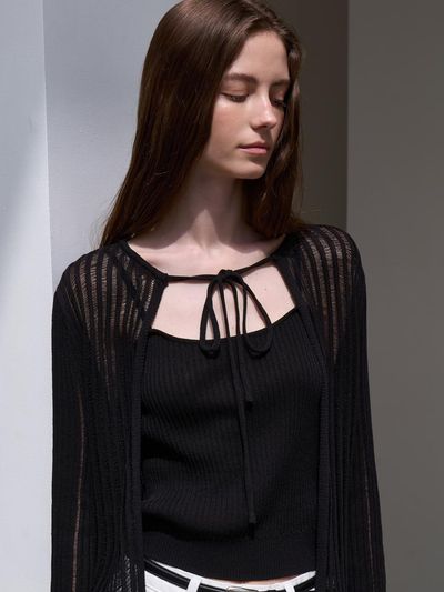 L’oiE Scallop Linen Sleeveless Top Cardigan Set (L201) [Black]