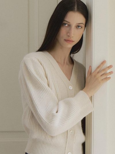 L’oiE Wool Balloon Puff Cardigan [Beige] (L141)