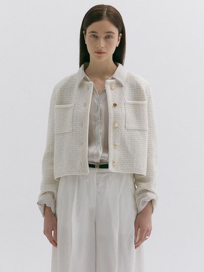 LOKNI Metal Tube Tweed Cardigan [Cream]