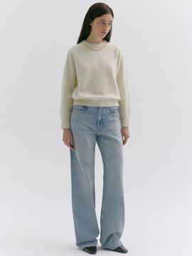 LOKNI Pearl Embellished Round Pullover Sweater [Ivory]