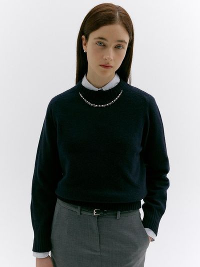 LOKNI Pearl Embellished Round Pullover Sweater [Navy]