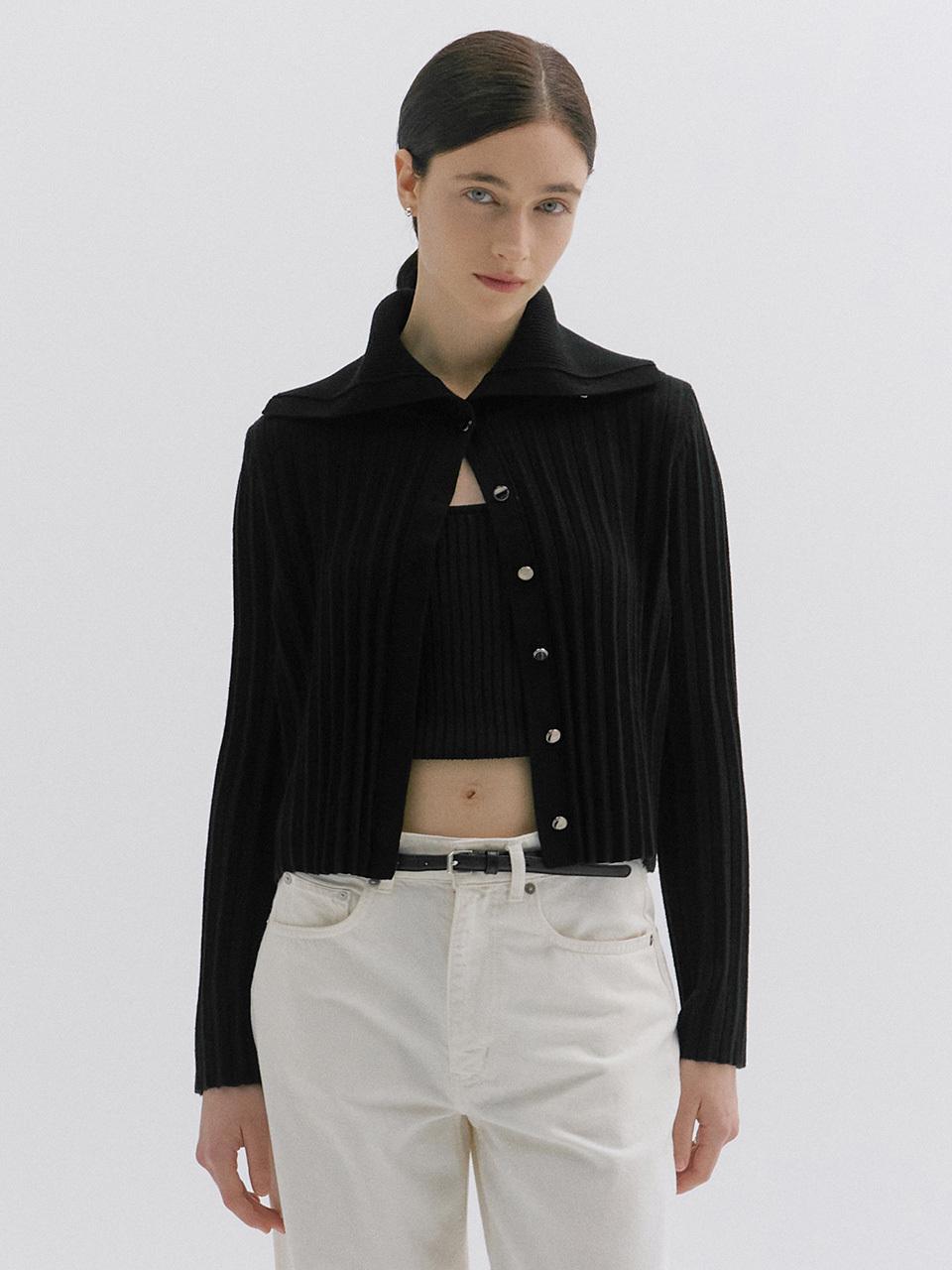 LOKNI Pleated Big Collar Cardigan [Black]