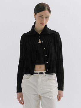 LOKNI Pleated Big Collar Cardigan [Black]