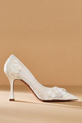 Lola Cruz Pointed-Toe Lace Bow Heels