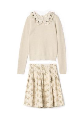 LOLA LOLA Crochet Collar Cherry Textured Knit Sweater and Corduroy Flower Skirt Two-Piece Set