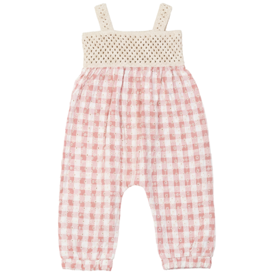 LOLA LOLA Girl Checkered Flower Embroidery Adjustable Strap Overall