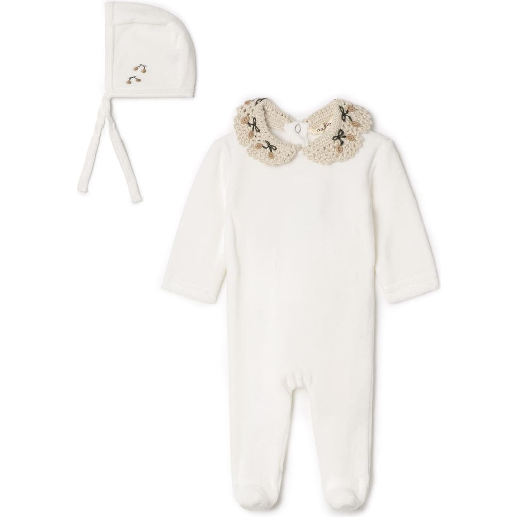 LOLA LOLA Velour Crochet Collar Snap Back Romper and Bonnet Set