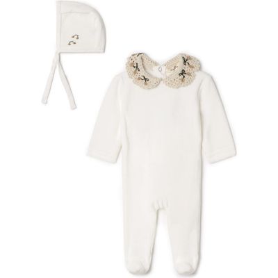 LOLA LOLA Velour Crochet Collar Snap Back Romper and Bonnet Set